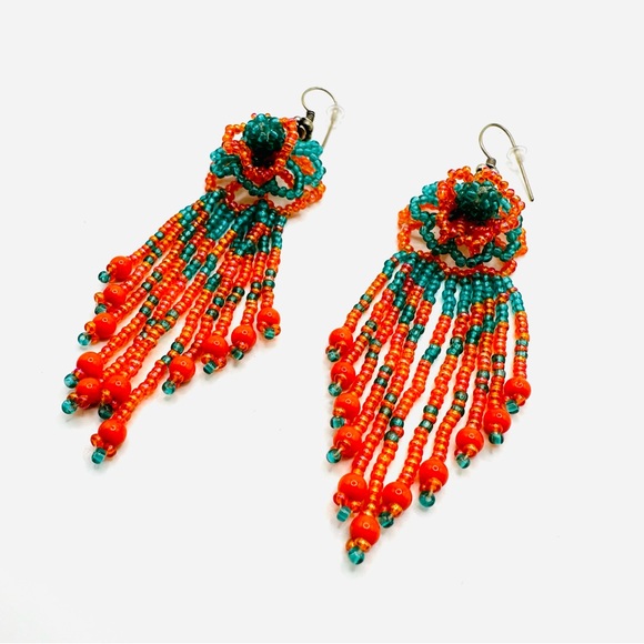 Jewelry - ★ Vintage Y2K Handmade Beaded Dangling earrings - Orange/ Teal ★